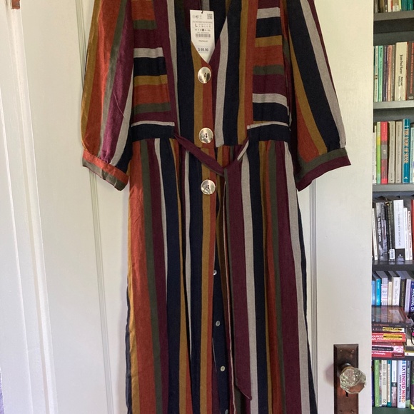 NWT ZARA LONG STRIPED DRESS WITH BUTTONS (L) - Picture 4 of 11
